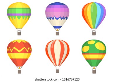 Hot air balloons flat illustration set. Cartoon colorful balloons with baskets isolated on white background vector illustration collection. Flight, sky and summer concept