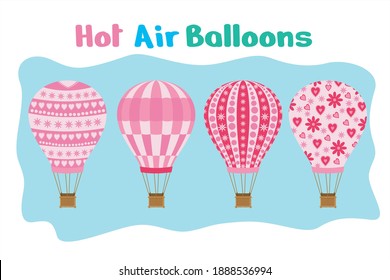 Hot air balloons flat illustration set. cartoon colorful balloons with baskets isolated vector illustration