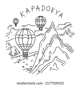 Hot air balloons flight in Cappadocia, Turkey. One line illustration. Simple and minimalist representation of hot air balloons.