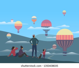 Hot air balloons flight in mountains valley. Stylized outdoor poster. Flying ballon holiday flat cartoon. Travellers enjoy adventure of ballooning flight. Travel background design vector illustration