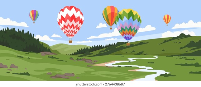 Hot air balloons float above a lush green valley with rolling hills, winding river, and forest under a blue sky with clouds, capturing a peaceful landscape scene vector illustration