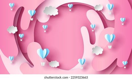 Hot air balloons floating on the pink sky. Valentines background. Happy Valentine's day. Valentine's card. paper cut and craft style. vector, illustration.