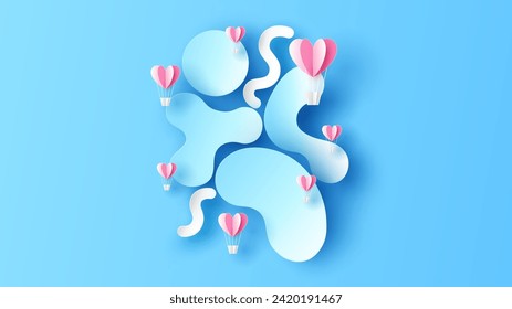 Hot air balloons floating on the pink sky. Valentines background. Happy Valentine's day. Valentine's card. paper cut and craft style. vector, illustration.