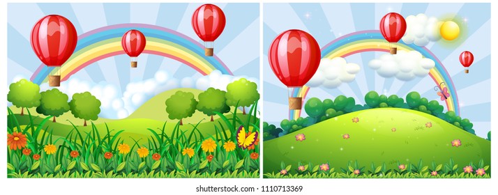 Hot air balloons floating over a park