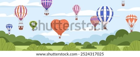 Hot air balloons floating in sky over beautiful nature landscape. Aerial adventure, travel on summer holiday, outdoor festival with many baloons flying in air, panorama. Flat vector illustration