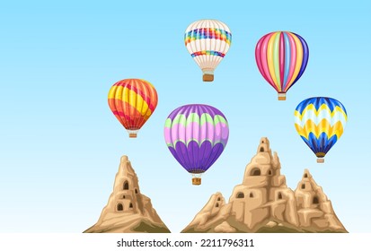 Hot air balloons fly over mountains of Cappadocia in Turkey vector illustration. Cartoon Turkish landscape with rocks and nature, romantic flight of balloons with color pattern and baskets in blue sky