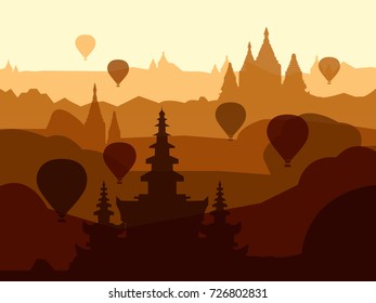 Hot air balloons fly over the ancient pagodas of Bagan.