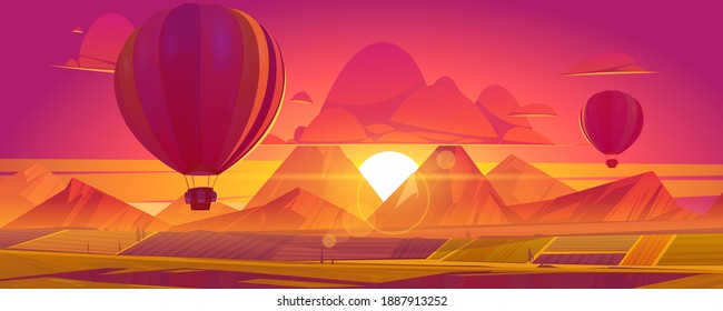 Hot Air Balloons Flying Above Fields, Mountains In Red And Orange Colored Sky On Sunset Or Sunrise Scenery Landscape View, Ballon With Basket Flight Travel, Aerial Tourism, Cartoon Vector Illustration