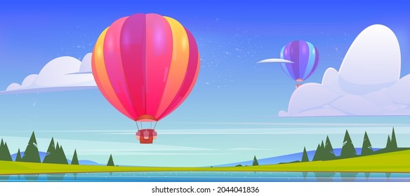 Hot air balloons flying above pond, green field and mountain peaks in blue sky. Scenery nature summer background, aerostat with baskets and sand sacks flight, aero festival Cartoon vector illustration