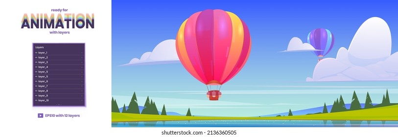 Hot air balloons flying above lake and forest. Vector parallax background ready for 2d animation with cartoon illustration of summer landscape with colorful airships with baskets