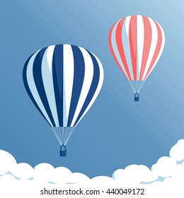 Hot air balloons flying in the blue sky with clouds, hot air balloons set on blue background, vector illustration
