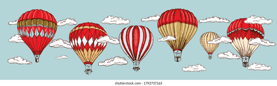 Hot air balloons flying. Hand drawn illustration