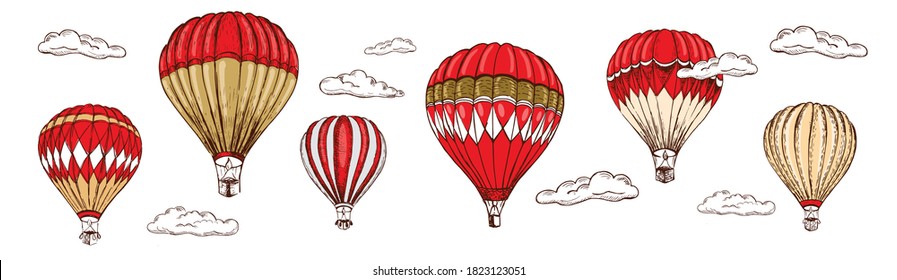 Hot air balloons flying. Hand drawn illustration	