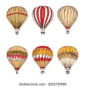 Hot air balloons flying. Hand drawn illustration. Vector.	
