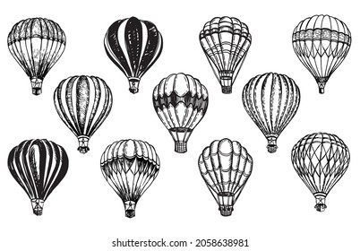 Hot air balloons flying, Hand drawn illustration.