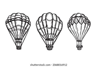 Hot air balloons flying, Hand drawn illustration.	