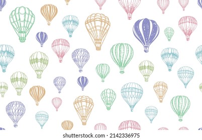 Hot air balloons flying. Hand drawn illustration.	
