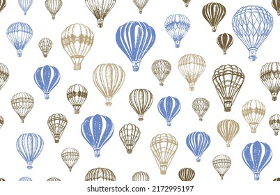 Hot air balloons flying. Hand drawn illustration.	