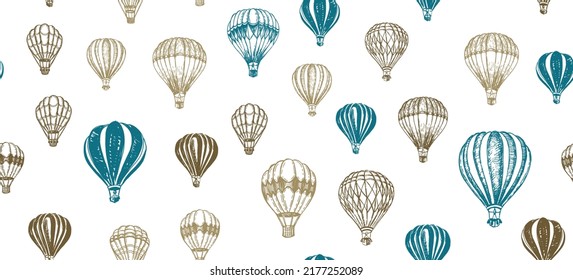 Hot air balloons flying. Hand drawn illustration.	