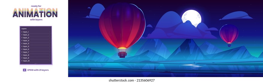 Hot air balloons flying in night sky cartoon background with separated 2d layers ready for game animation. Mountains valley with pond and field, scenery nature landscape, Parallax effect vector scene