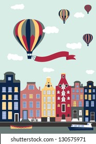 Hot air balloons flying over the town. Vector