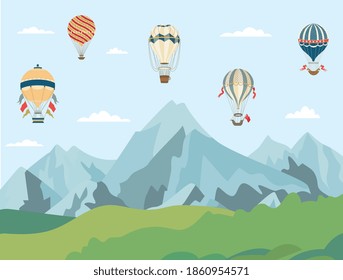 Hot air balloons flying over summer mountain landscape - cartoon banner with nature travel destination. Outdoor ballooning poster, vector illustration.