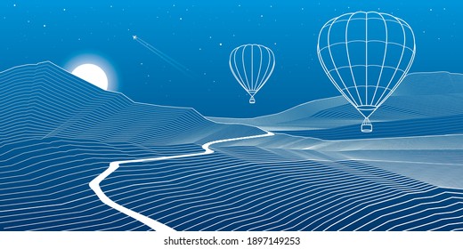 Hot air balloons flying over the mountains .Highway in dunes. Sunset behind the rocks. Night scene. White lines on blue background. Vector design outline art