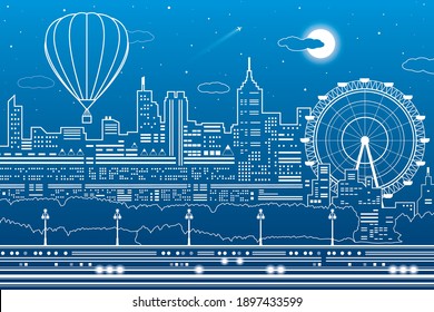 Hot air balloons flying over the city. Ferris wheel. Sunset behind the town. Night scene. White lines on blue background. Vector design outline art