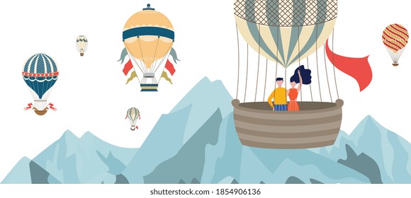 Hot air balloons flying in sky in mountain landscape banner - cartoon banner of couple on romantic date at aircraft festival event, vector illustration.