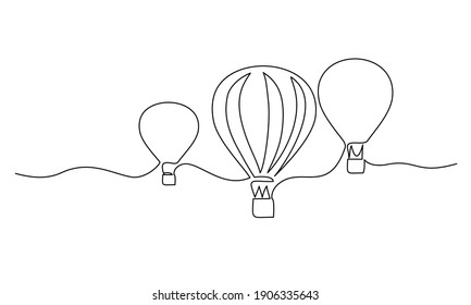 Hot air balloons flying in sky sign. Continuous one line drawing icon. Vector illustration