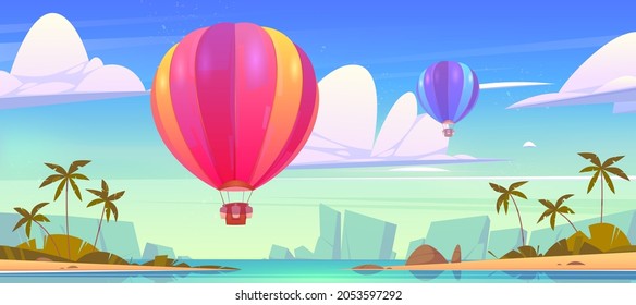 Globos de aire caliente volando en el cielo sobre isla tropical con palmeras en el océano. Scenerable paisaje de fondo con aerostato con canasta y sacos de arena viajes de vuelo extremo, ilustración vectorial de dibujos animados