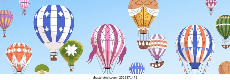 Hot air balloons flying in sky. Many aerostats, airships group floating, soaring high up, banner panorama. Aerial adventure, trip, travel festival, panoramic background. Flat vector illustration