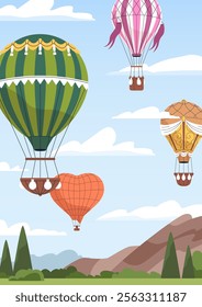 Hot air balloons flying in sky, card. Aerostats in flight, soaring over mountains, nature landscape, vertical poster background. Aerial adventure, travel in clouds. Flat vector illustration