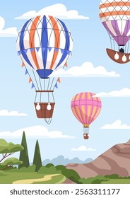 Hot air balloons flying, soaring in sky. Aerostats floating over nature landscape, summer adventure. Aerial transport in flight, card, vertical poster. Flat vector illustration