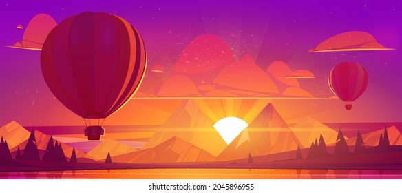 Heißluftballons fliegen bei Sonnenuntergang Himmel über Wasserteich und Berge im rot-orangefarbenen Himmel. Druskenerlandschaftssicht, Ballonflüge, Lufttourismus, Cartoon Vektorgrafik