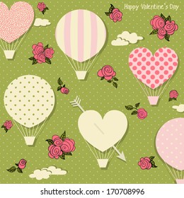 Hot Air Balloons and Hearts for Valentine's Day - Romantic vector illustration with patterned hot air balloons and hearts floating against the rose-strewn sky