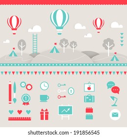 Hot Air Balloons, Hills, Clouds, Trees and Tents Landscape. Responsive Design Elements