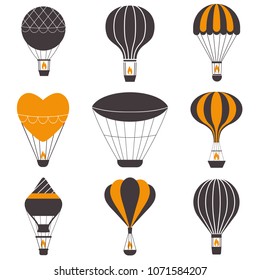 Hot air balloons icons in monochrome. Vintage gas balloons logo or label templates. Air craft adventure, exploring retro airships and aerostats emblems. Touristic ballooning journey logotypes.