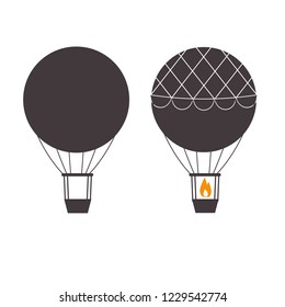 Hot air balloons icons in monochrome. Vintage gas balloon logo template. Air craft adventure, exploring retro airships and aerostats silhouettes. Touristic ballooning journey logotypes.