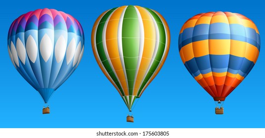 Hot air balloons, isolated on blue, set two, EPS 10, contains transparency.