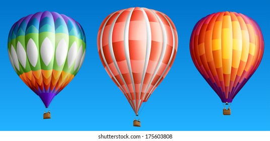 Hot air balloons, isolated on blue, set three, EPS 10, contains transparency.