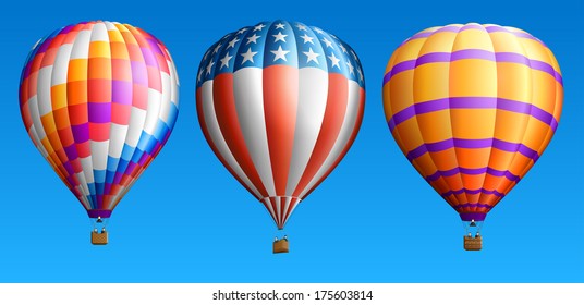 Hot air balloons, isolated on blue, set five, EPS 10, contains transparency.