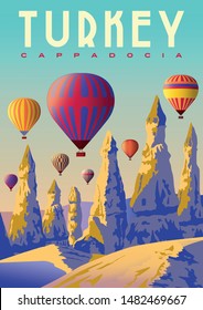 Hot air Balloons in the morning over the Love Valley in Cappadocia, Turkey. Handmade drawing vector illustration. Retro poster.