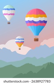 Hot air balloons in the mountains. Hot air balloon trip.