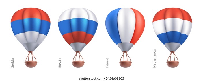 Hot air balloons with national flag of France, Russia, Netherlands, Serbia. Sky travel or ballooning festival in flying basket aerostat concept. Vector 3d render cartoon airship on white background