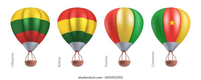 Hot air balloons with national flag of Lithuania, Bolivia, Guinea, Cameroon. Sky travel or ballooning festival in flying basket aerostat concept. Vector 3d render cartoon airship on white background