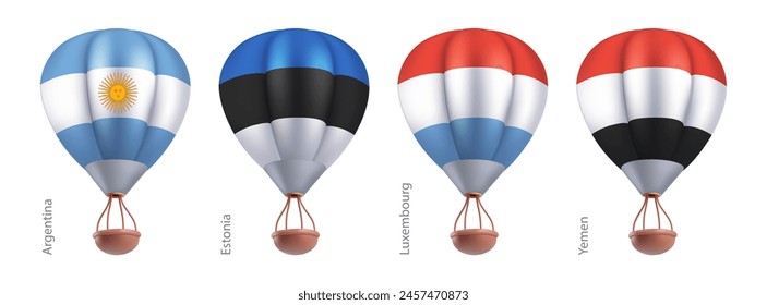 Globos aerostáticos con bandera nacional de Argentina, Estonia, Luxemburgo, Yemen. Viaje en el cielo o festival de globo en concepto de aerostato de cesta voladora. Vector 3d render caricatura dirigible sobre fondo blanco