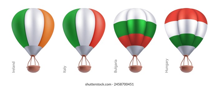 Hot air balloons with national flag of Italy, Ireland, Bulgaria, Hungary. Sky travel or ballooning festival in flying basket aerostat concept. Vector 3d render cartoon airship on white background