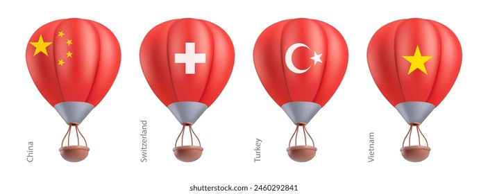 Hot air balloons with national flag of China, Switzerland, Turkey, Vietnam. Sky travel or ballooning festival in flying basket aerostat concept. Vector 3d render cartoon airship on white background