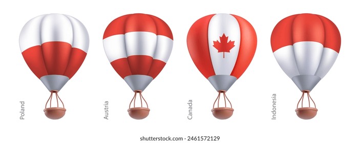 Hot air balloons with national flag of Canada, Indonesia, Poland, Austria. Sky travel or ballooning festival in flying basket aerostat concept. Vector 3d render cartoon airship on white background